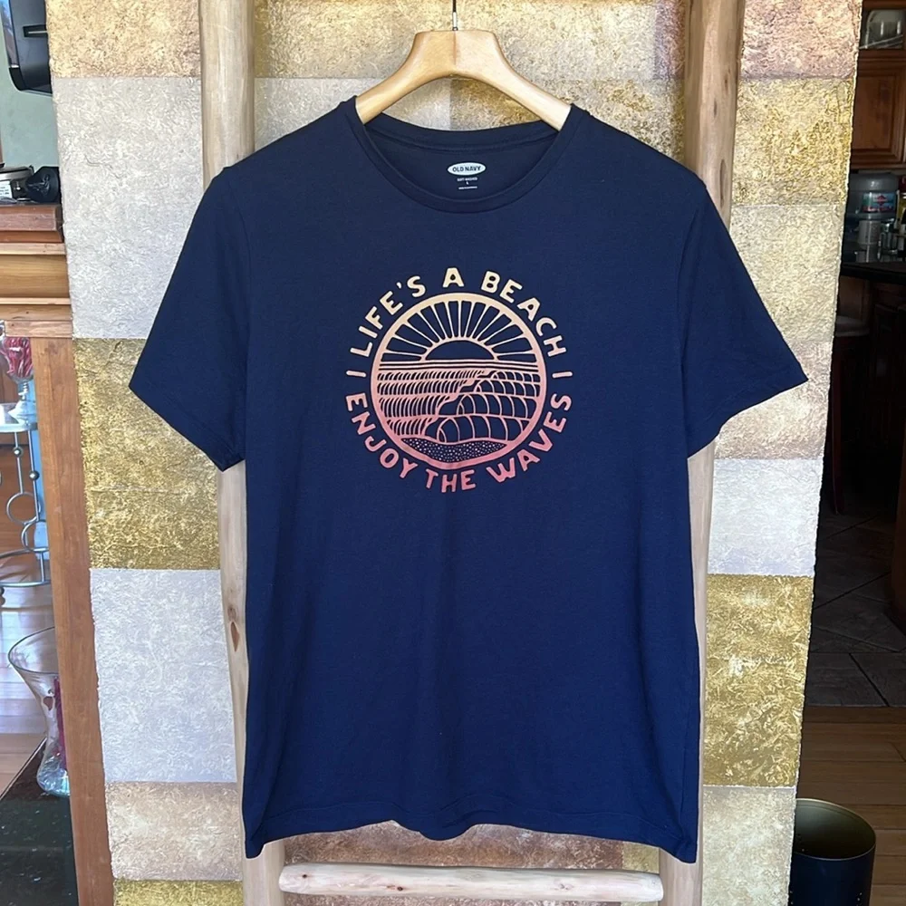 Old Navy Boys Beach Navy Blue Scoop Neck Graphic T-Shirt, Size Large